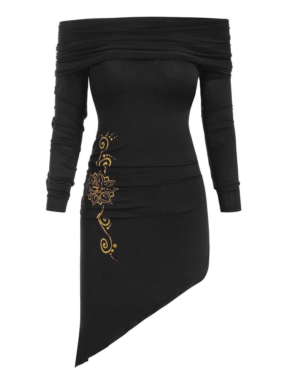 

Printed Asymmetric Long Sleeves Dress, Black