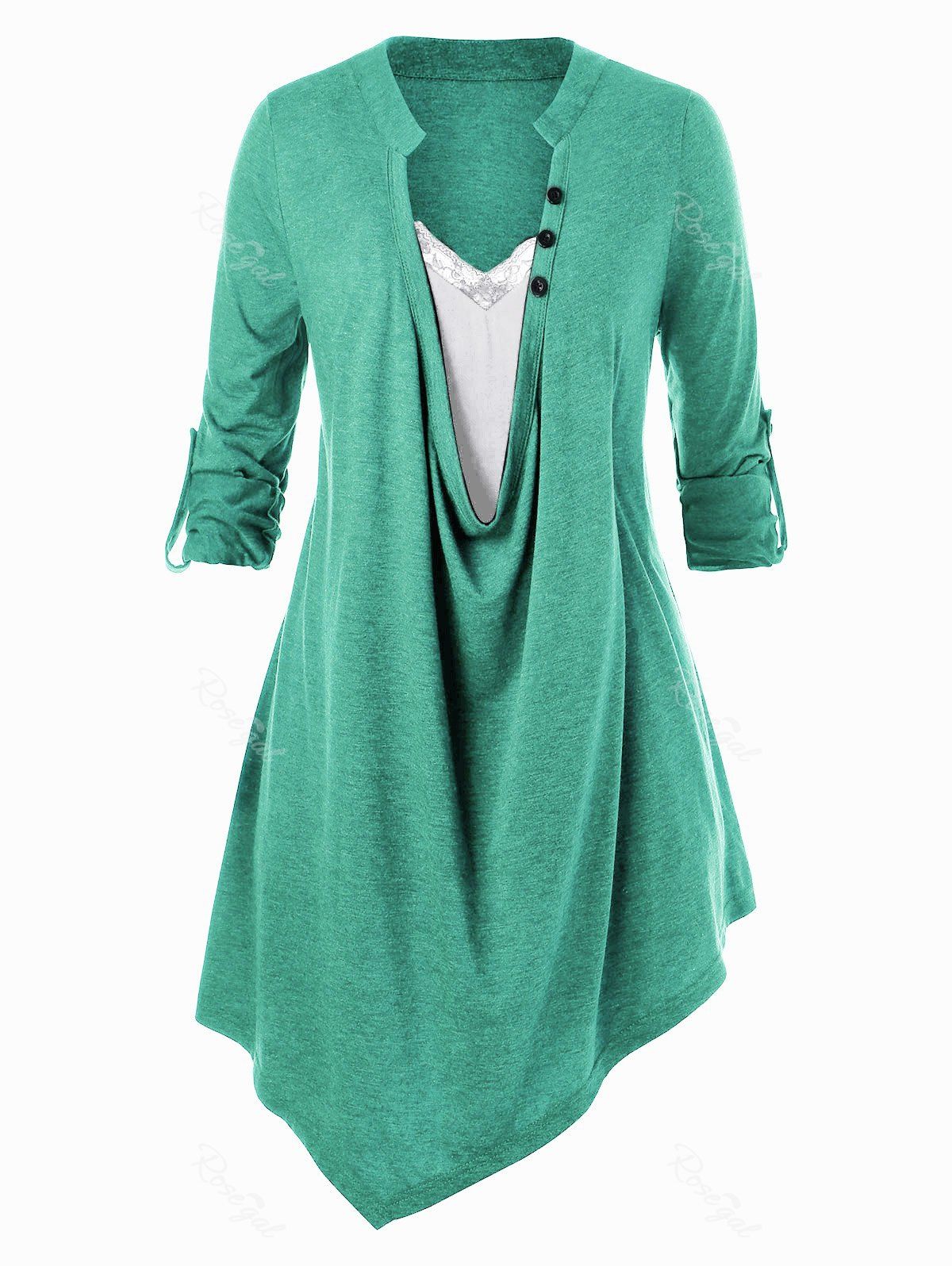 

Plus Size Lace Insert Asymmetric Top, Macaw blue green