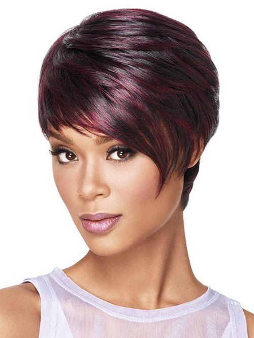 

Oblique Fringe Short Colormix Straight Synthetic Wig, Red wine