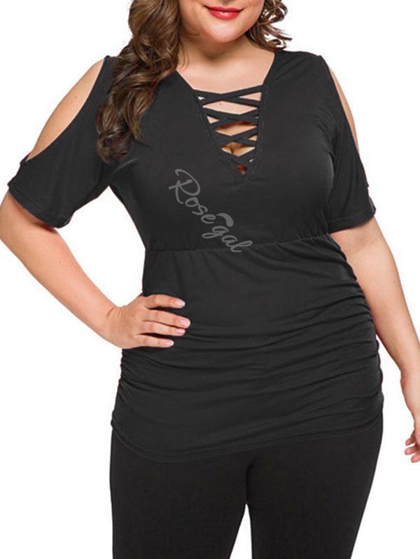 

Plus Size Low Cut Open Shoulder Criss Cross T Shirt, Black