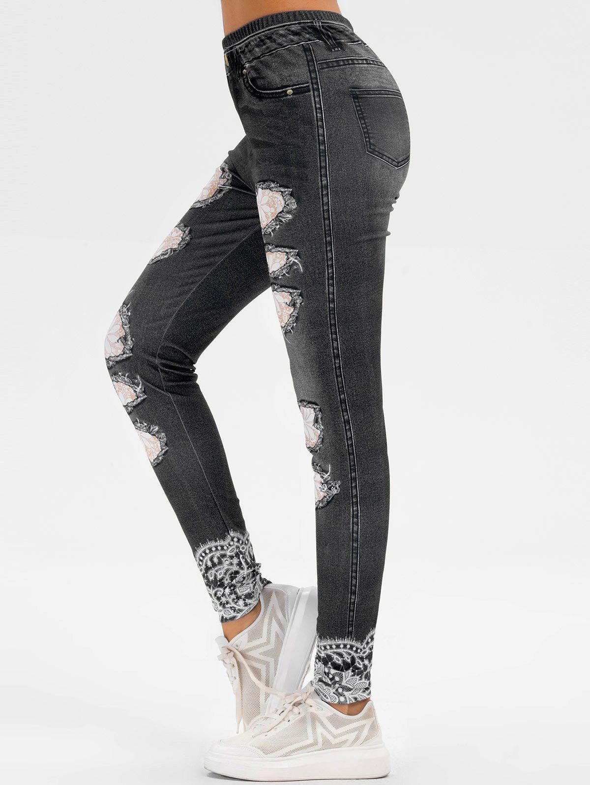 

3D Floral Print Skinny Jeggings, Jet black