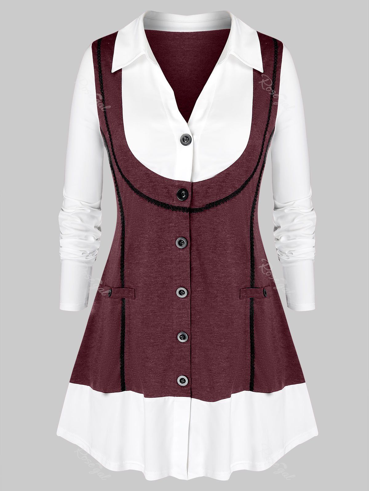 

Plus Size Mixed Media Button Up Shirt, Red wine