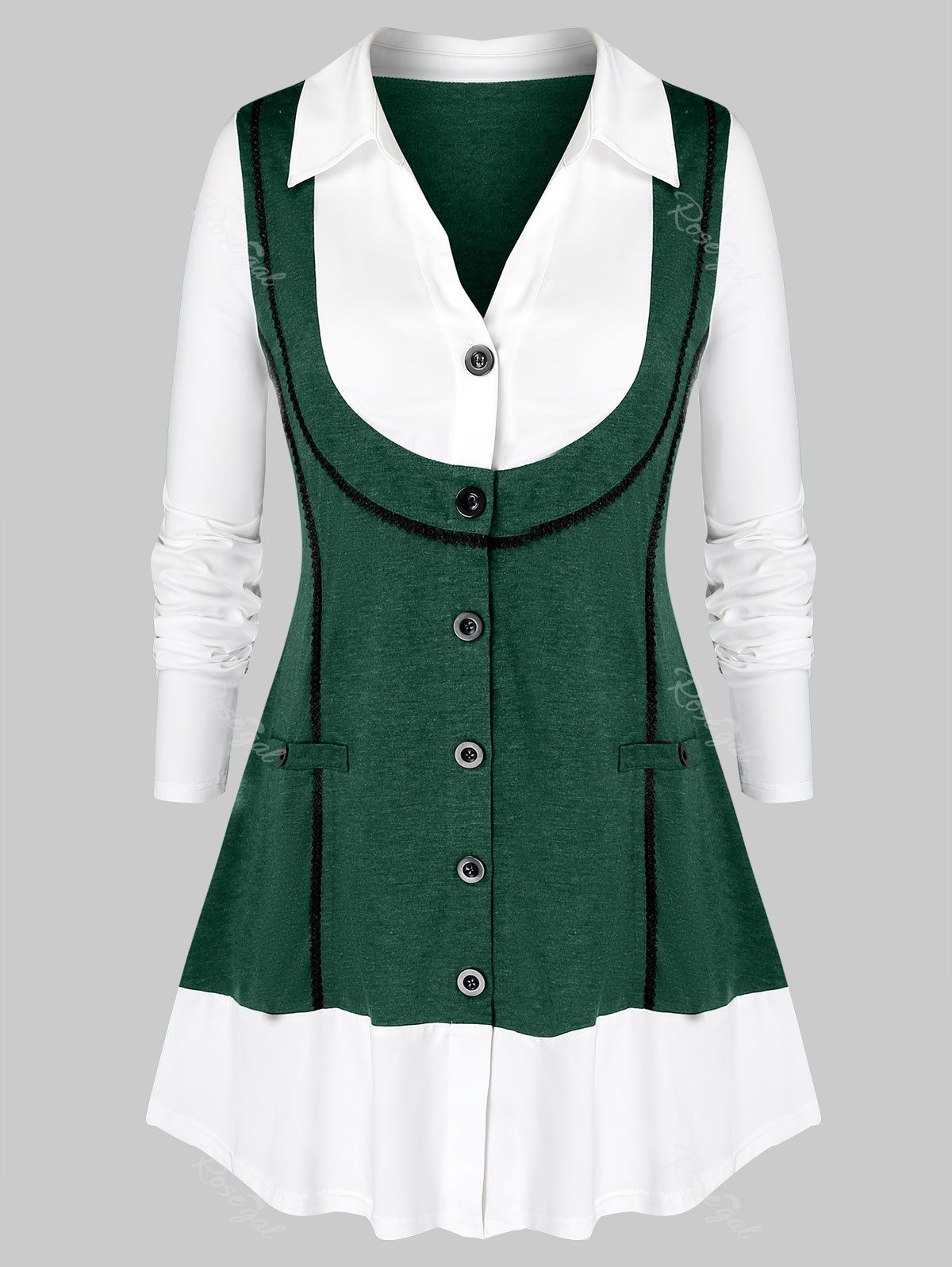 

Plus Size Mixed Media Button Up Shirt, Greenish blue