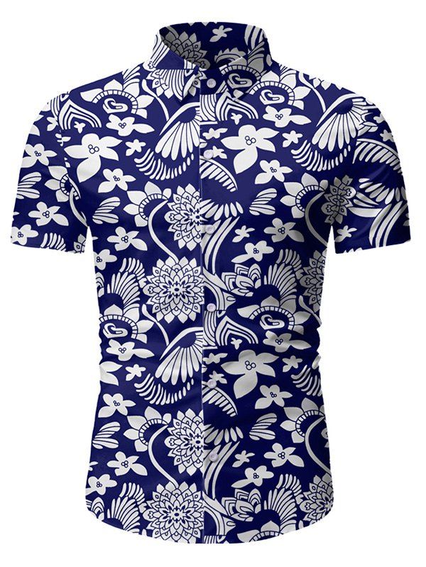 

Floral Pattern Button Short Sleeves Shirt, Blue