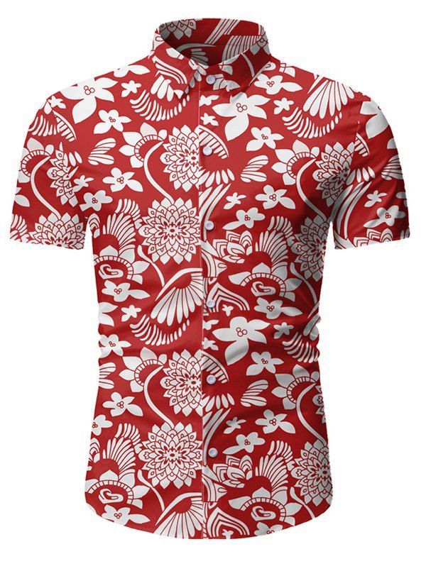 

Floral Pattern Button Short Sleeves Shirt, Red