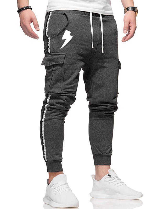 

Lightning Pattern Drawstring Casual Jogger Pants, Gray