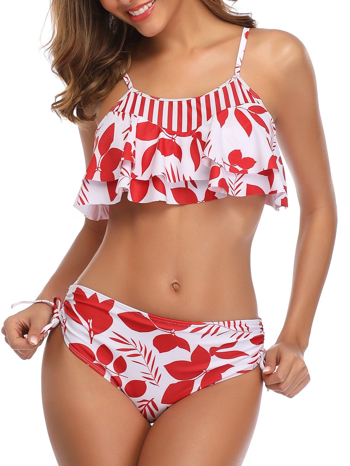 

Leaves Striped Knotted Overlay Bikini Set, Lava red