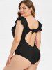Maillot de Bain d'Années 1950 Plongeant Noué au Dos Bas de Grande Taille à Volants - Noir 5X