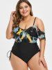 Plus Size Lace Up Ruffled Palm Print One-piece Swimsuit -  