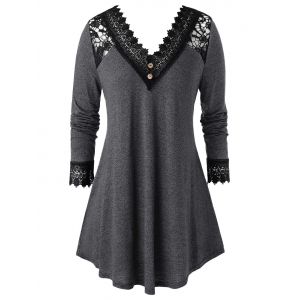 

Plus Size Crochet Panel A Line Long Sleeve Tunic Tee, Dark slate grey