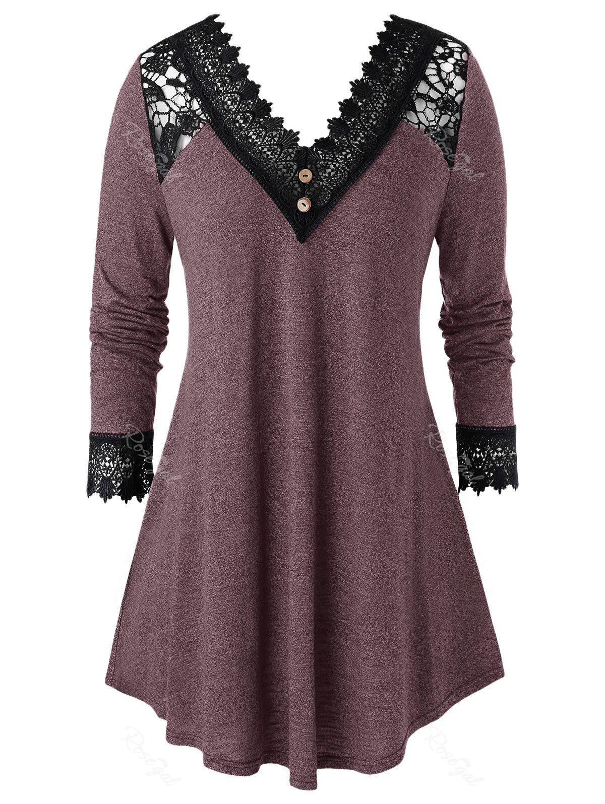 

Plus Size Crochet Panel A Line Long Sleeve Tunic Tee, Red wine