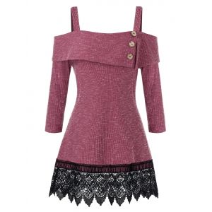 

Plus Size Guipure Lace Cold Shoulder Foldover Knit Tee, Red wine