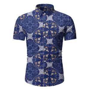 

Vintage Print Button Short Sleeves Shirt, Lapis blue
