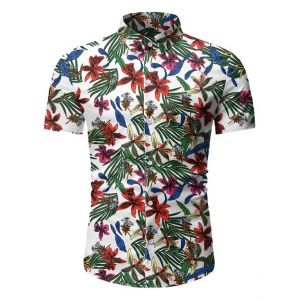 

Leaf Floral Pattern Short Sleeves Casual Shirt, White