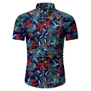 

Leaf Floral Pattern Short Sleeves Casual Shirt, Deep blue