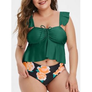 

Plus Size Floral Print Ruched High Waist Tankini Swimsuit, Dark green