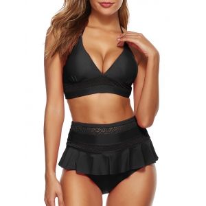 

Eyelet Ruffles Halter Bikini Set, Black