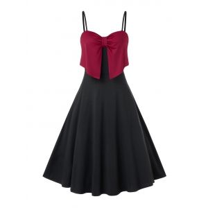 

Plus Size Bowknot Two Tone Cami A Line Dress, Red wine