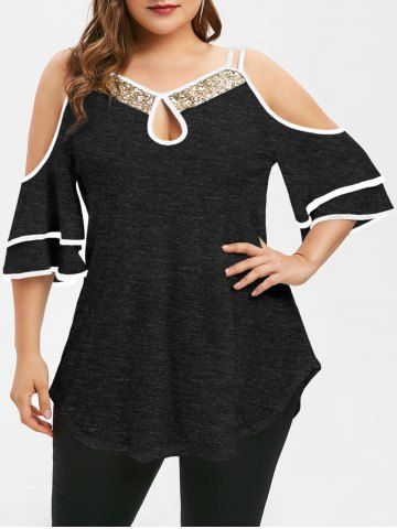 rosegal Plus Size Keyhole Open Shoulder Sequins T-shirt