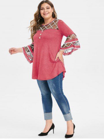 

Plus Size Grid Mesh Insert Flare Sleeve Mock Button T-shirt, Light coral