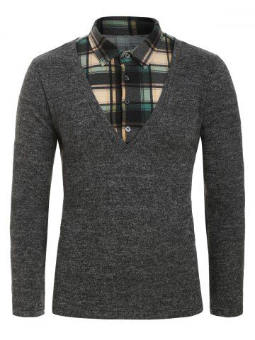 

Half Button Plaid Print Faux Twinset Sweater, Carbon gray
