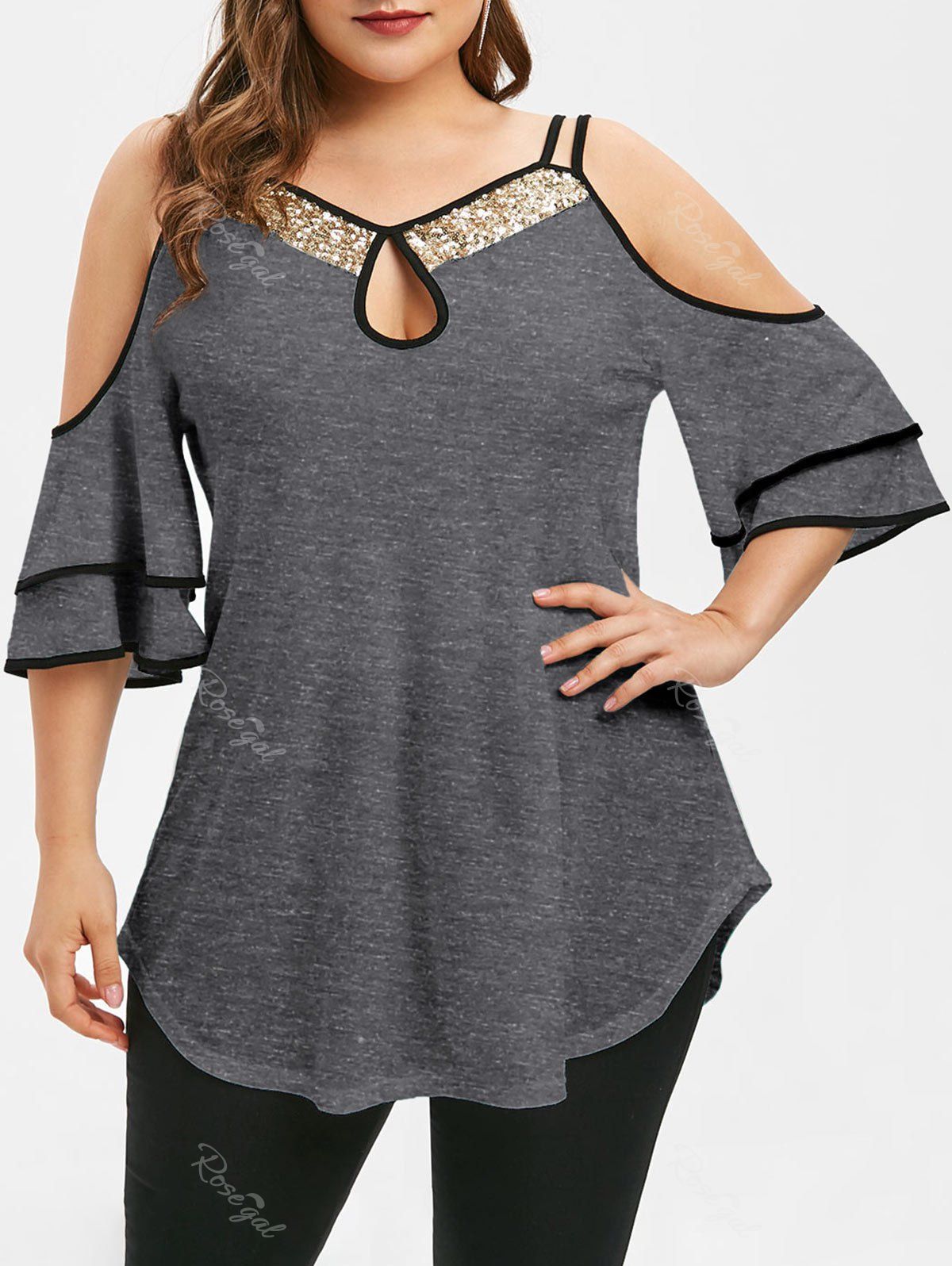 

Plus Size Keyhole Open Shoulder Sequins T-shirt, Light gray