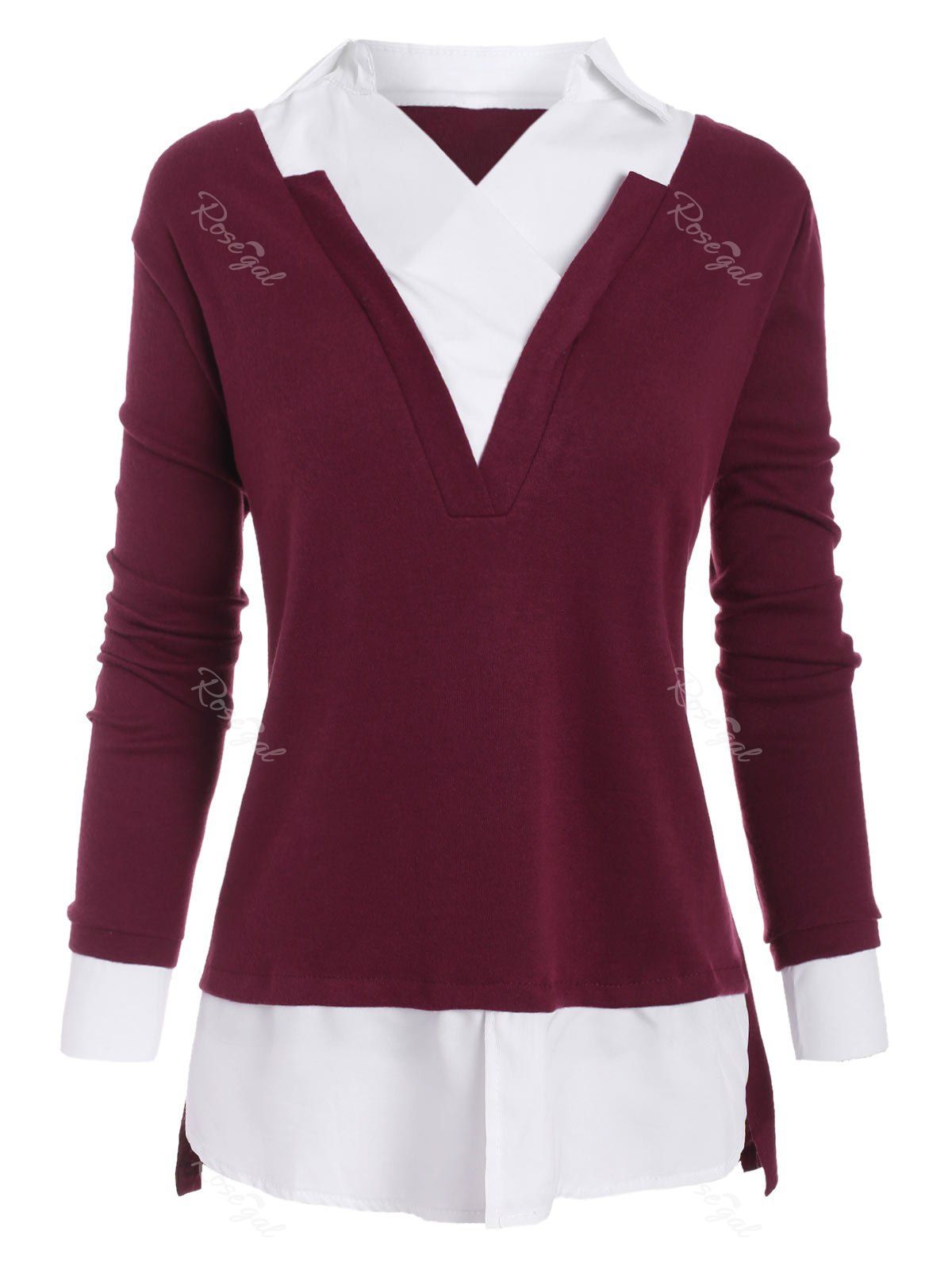 

Plus Size Long SLeeve Mixed Media Top, Red wine