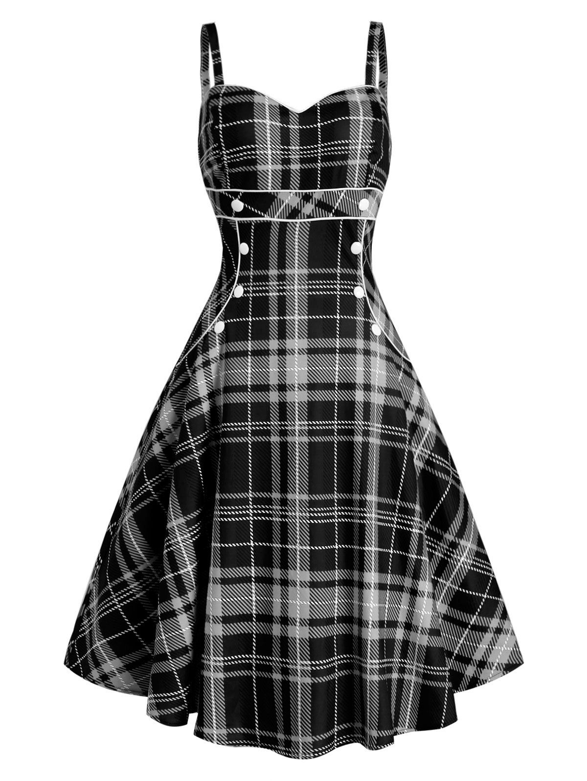 

Plaid Button Embellished Sleeveless Rockabilly Style Dress, Multi-a