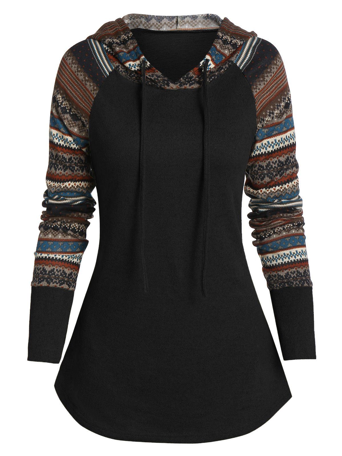 

Raglan Sleeve Tribal Print Pullover Hoodie, Black