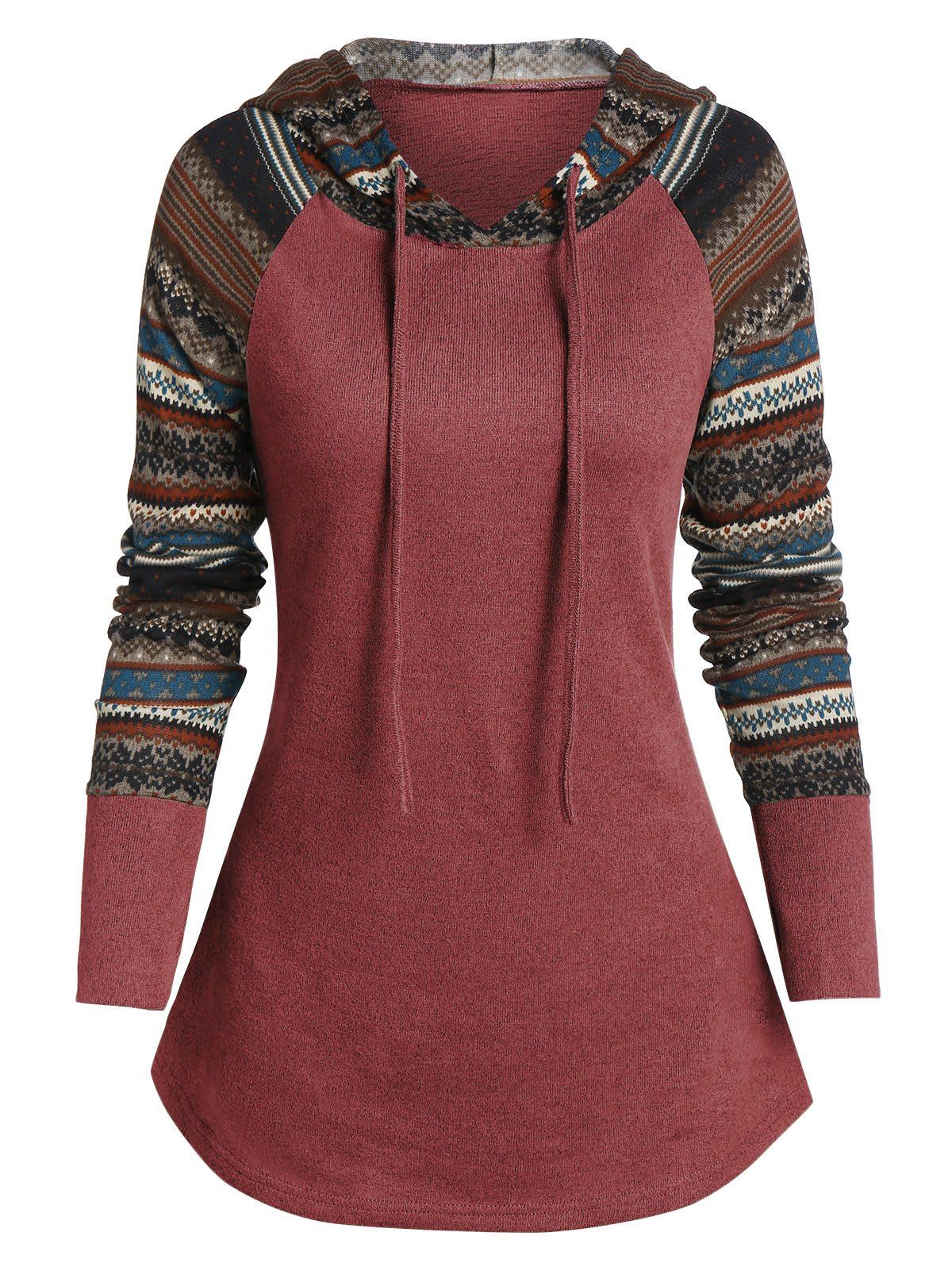

Raglan Sleeve Tribal Print Pullover Hoodie, Chestnut red
