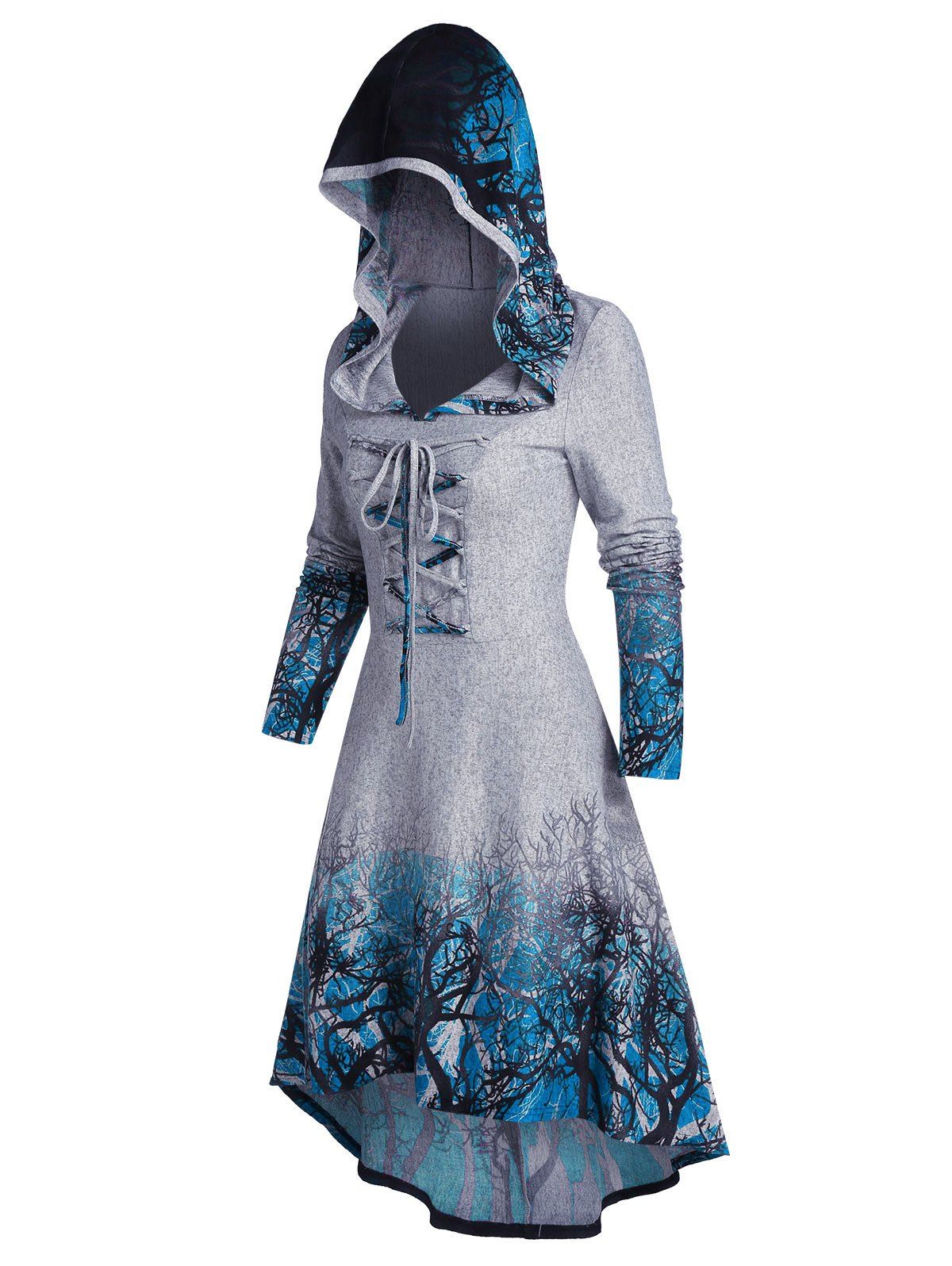 

Tree Root Print Hooded Lace-up High Low Dress, Blue gray