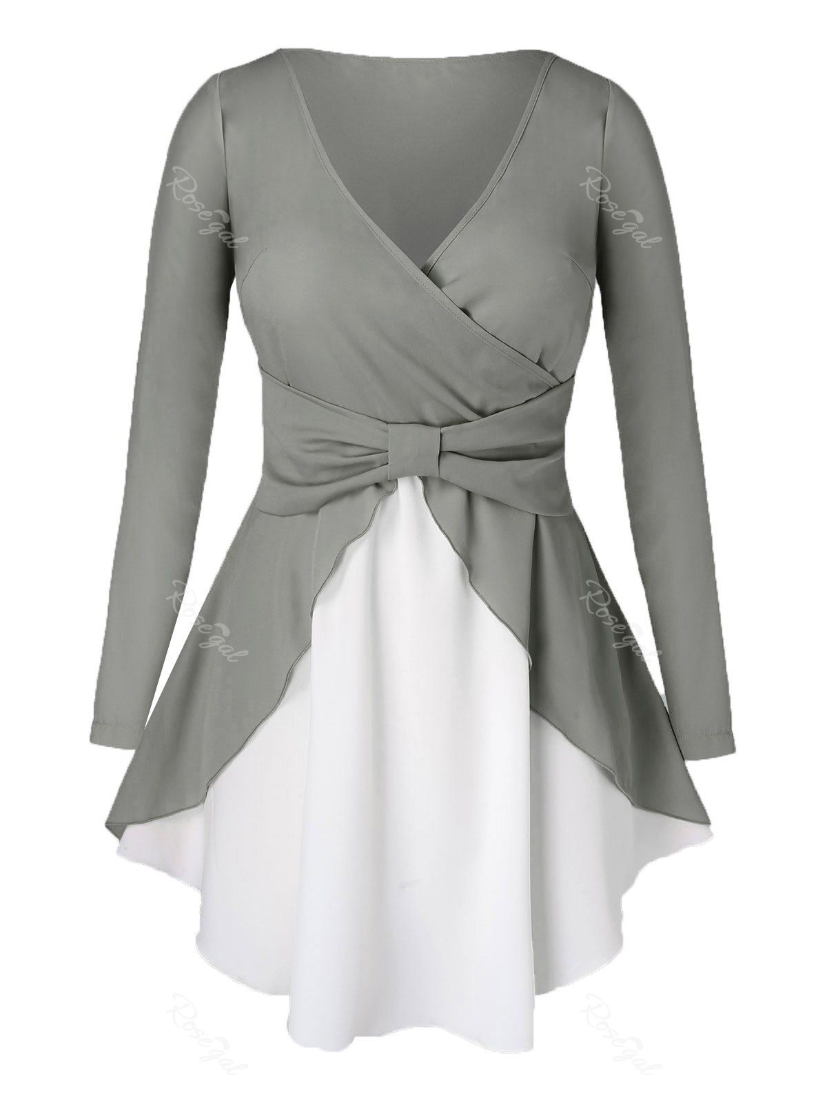 

Plus Size Colorblock Bowknot Surplice Blouse, Dark gray