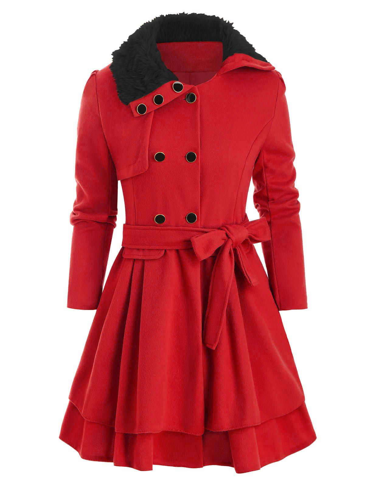 

Faux Fur Collar Double Breasted Belted Wool Blend Coat, Red