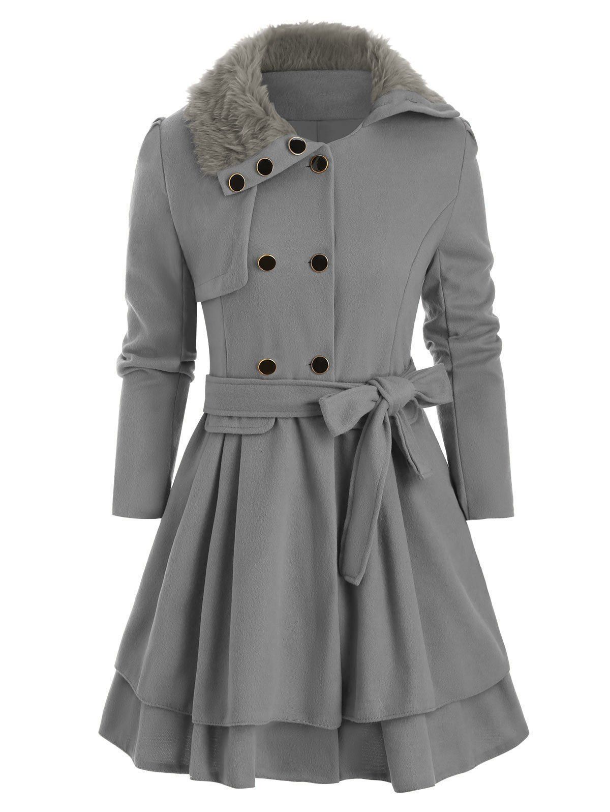 

Faux Fur Collar Double Breasted Belted Wool Blend Coat, Gray cloud