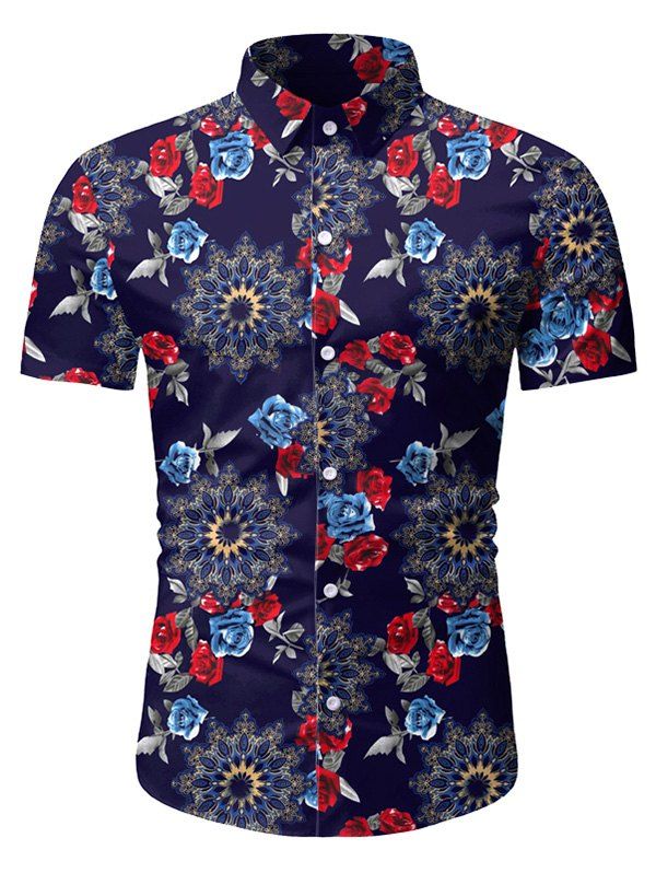 

Rose Floral Pattern Short Sleeves Shirt, Deep blue