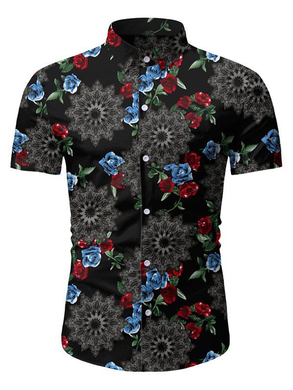 

Rose Floral Pattern Short Sleeves Shirt, Black