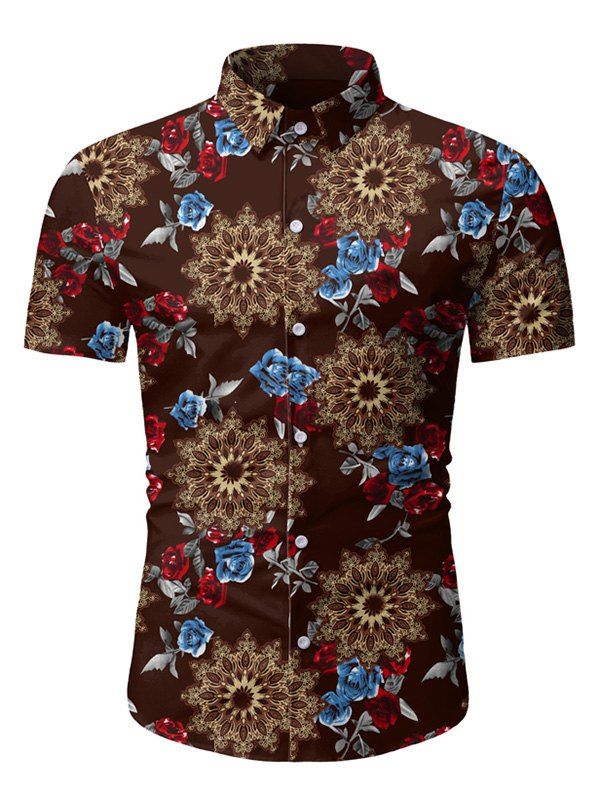 

Rose Floral Pattern Short Sleeves Shirt, Coffee