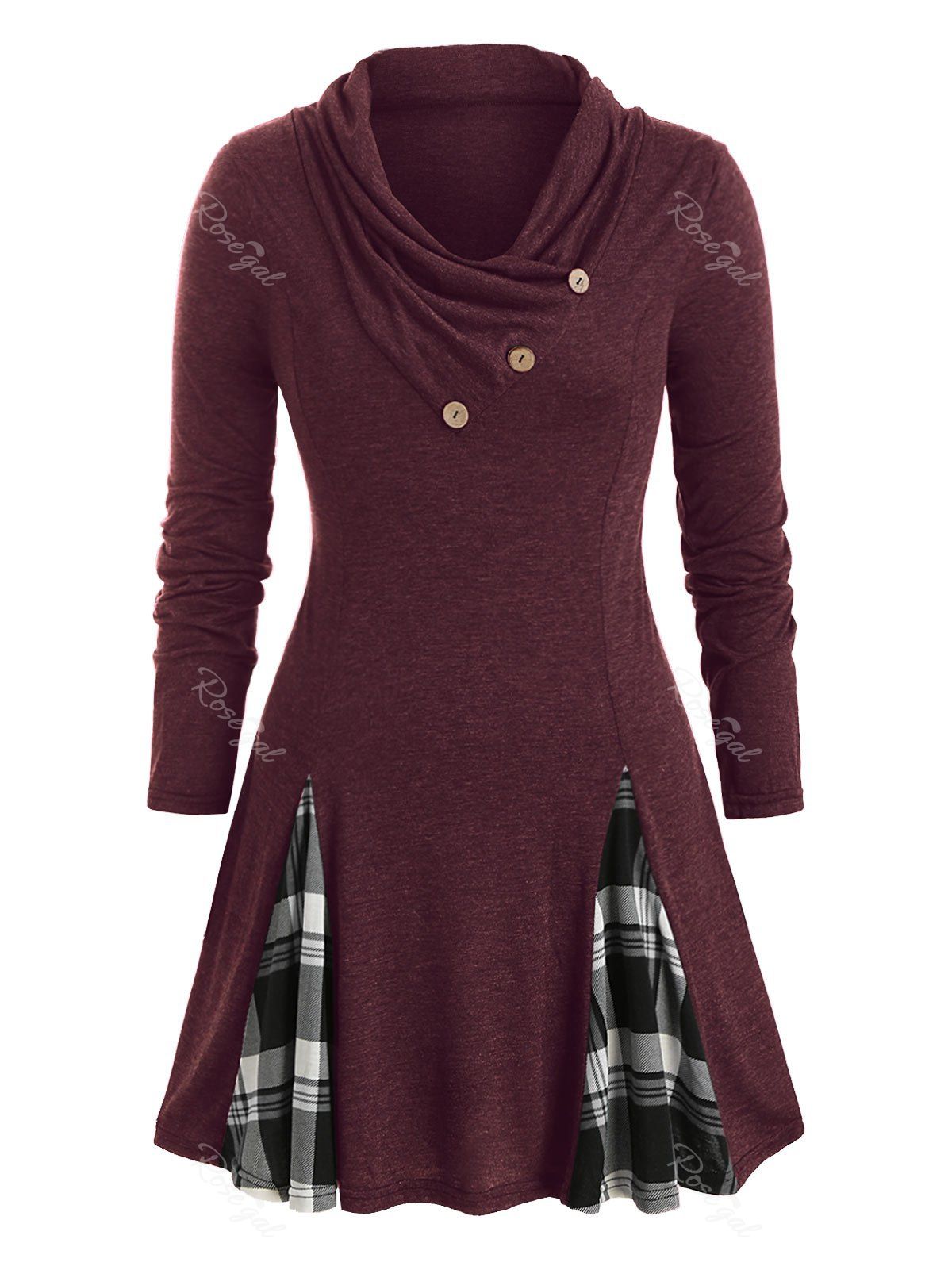

Plus Size Plaid Cowl Neck Tunic T Shirt, Firebrick
