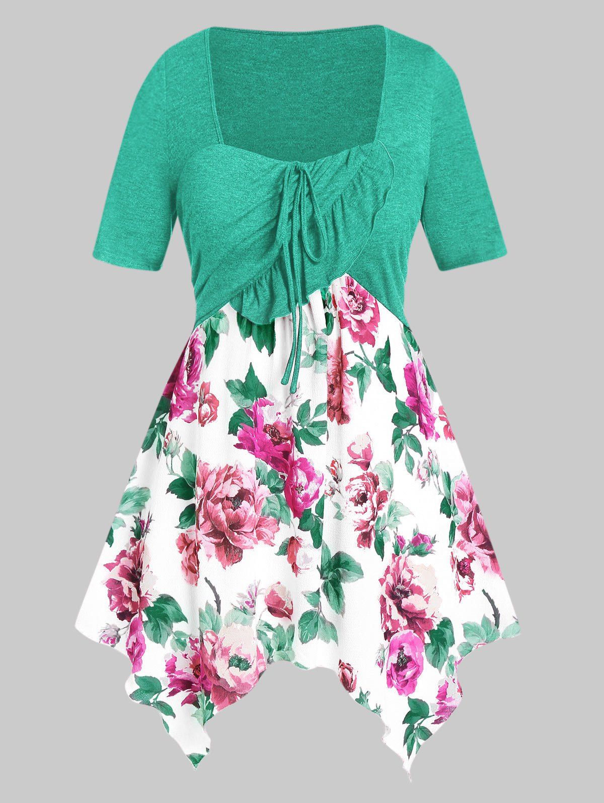

Plus Size Asymmetrical Floral Print Tunic T Shirt, Medium turquoise