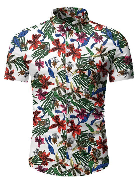 

Leaf Floral Pattern Short Sleeves Casual Shirt, White