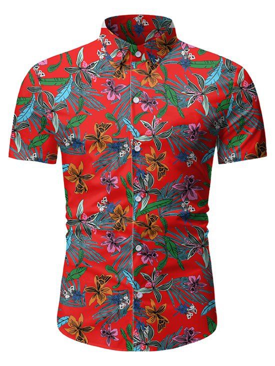 

Leaf Floral Pattern Short Sleeves Casual Shirt, Red