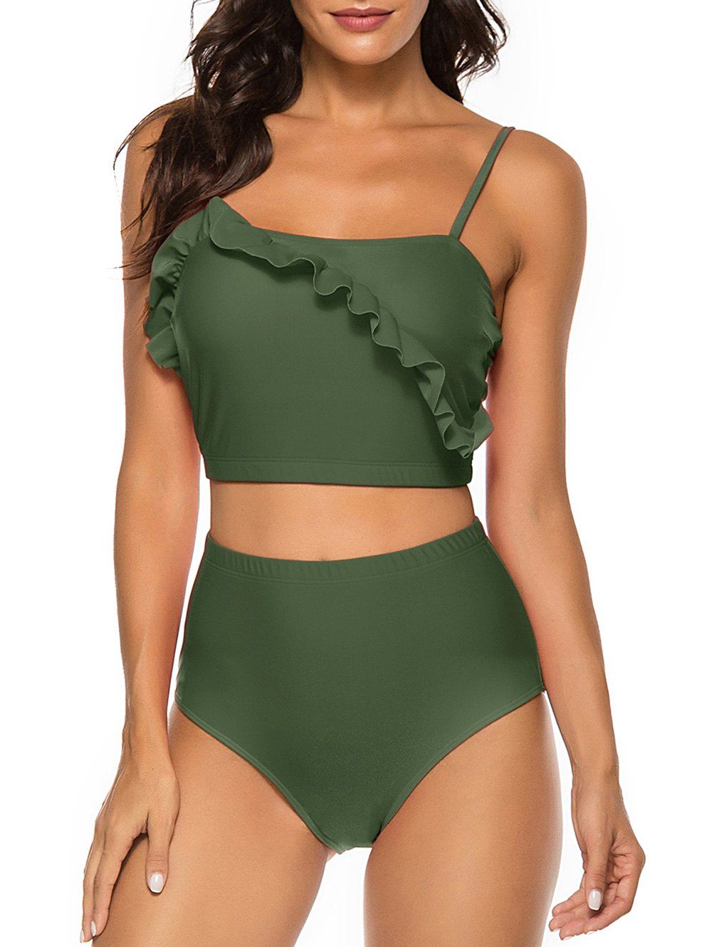 

Ruffles Solid High Waist Tankini Set, Fern green
