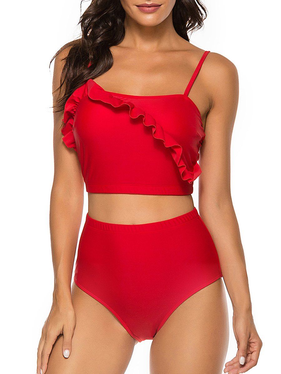 

Ruffles Solid High Waist Tankini Set, Red