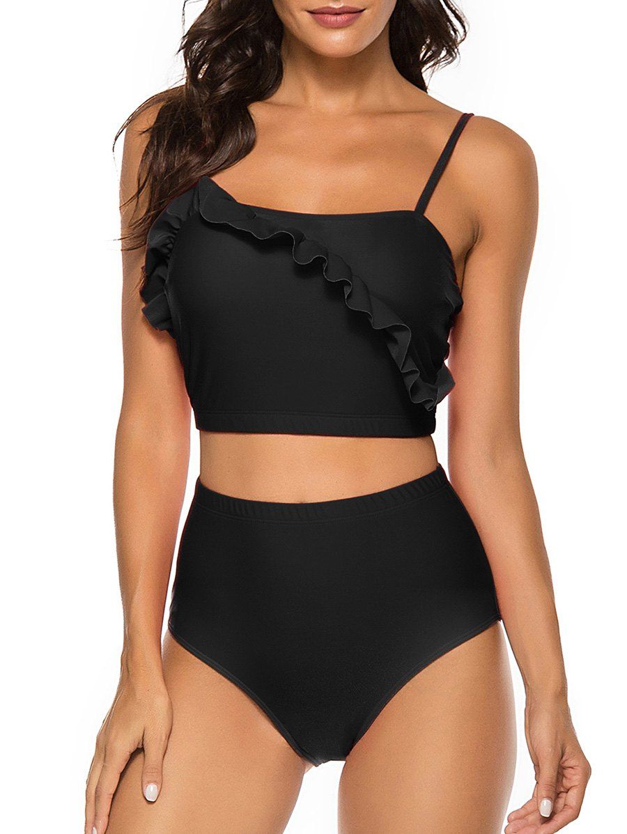 

Ruffles Solid High Waist Tankini Set, Black