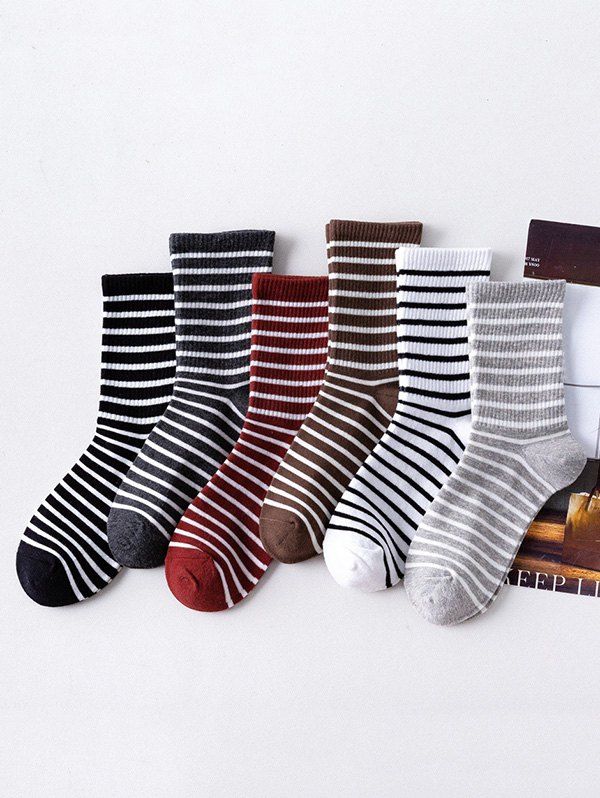 

6 Pairs Winter Striped Print Quarter Socks Set, Multi-a