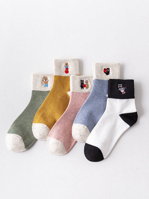 

5 Pairs Cartoon Embroidered Quarter Length Socks, Multi-a