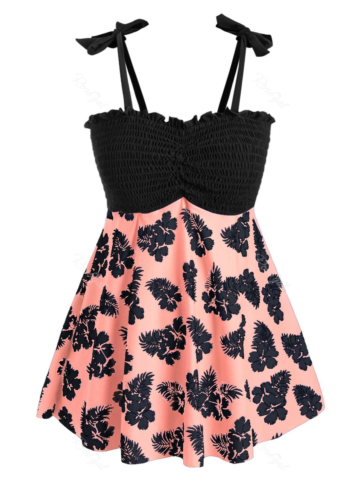

Plus Size Floral Print Smocked Tankini Swimsuit, Living coral