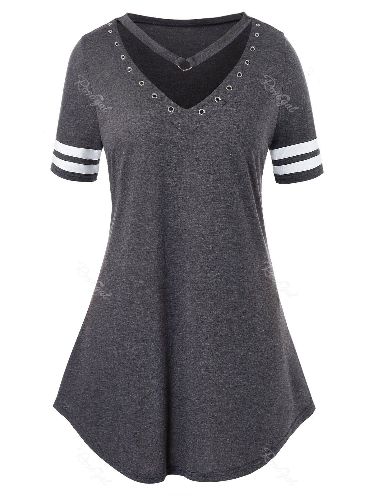 

Plus Size Striped V Neck T-Shirt, Battleship gray
