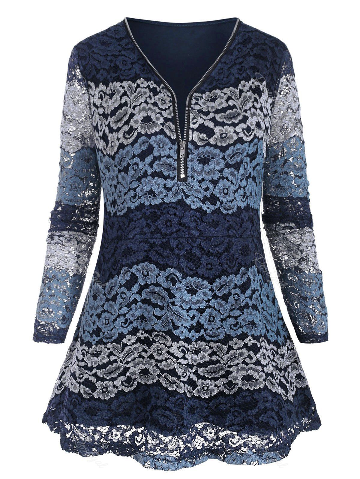 

Plus Size Lace Half Zipper Blouse, Cadetblue