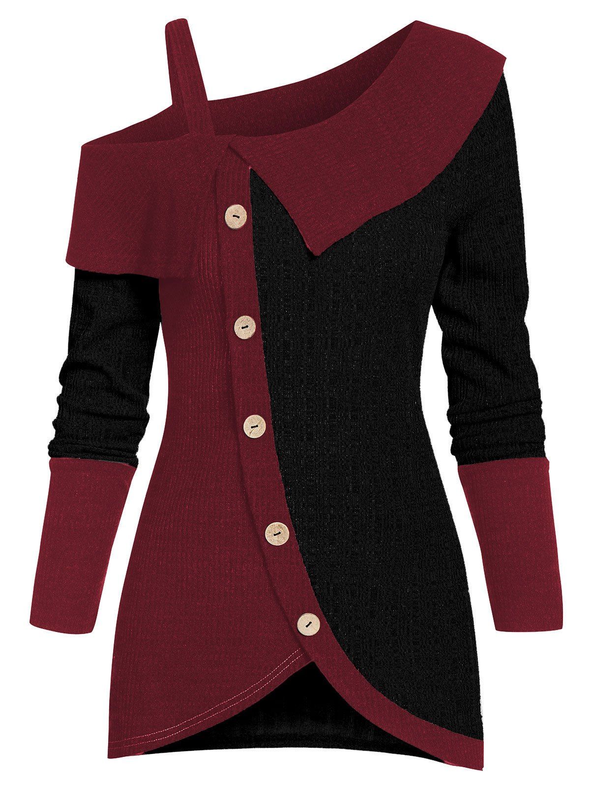 

Cold Shoulder Button Asymmetric Sweater, Red wine